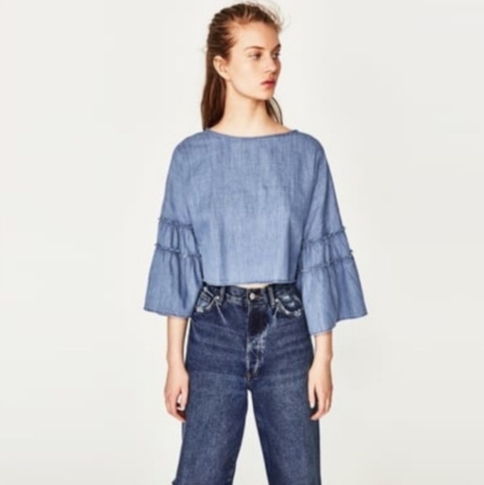 3/$15 Zara Trafaluc Denim Wear Jean Small Crop Top with Bell Sleeves